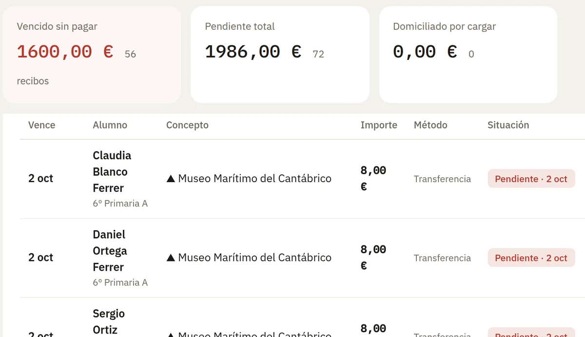 Pantalla de economía: vencido sin pagar, pendiente, cobrado este mes y lista de recibos.