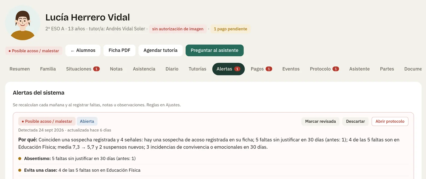 Ficha de una alumna con una alerta de posible acoso y la explicación de las señales que coinciden.