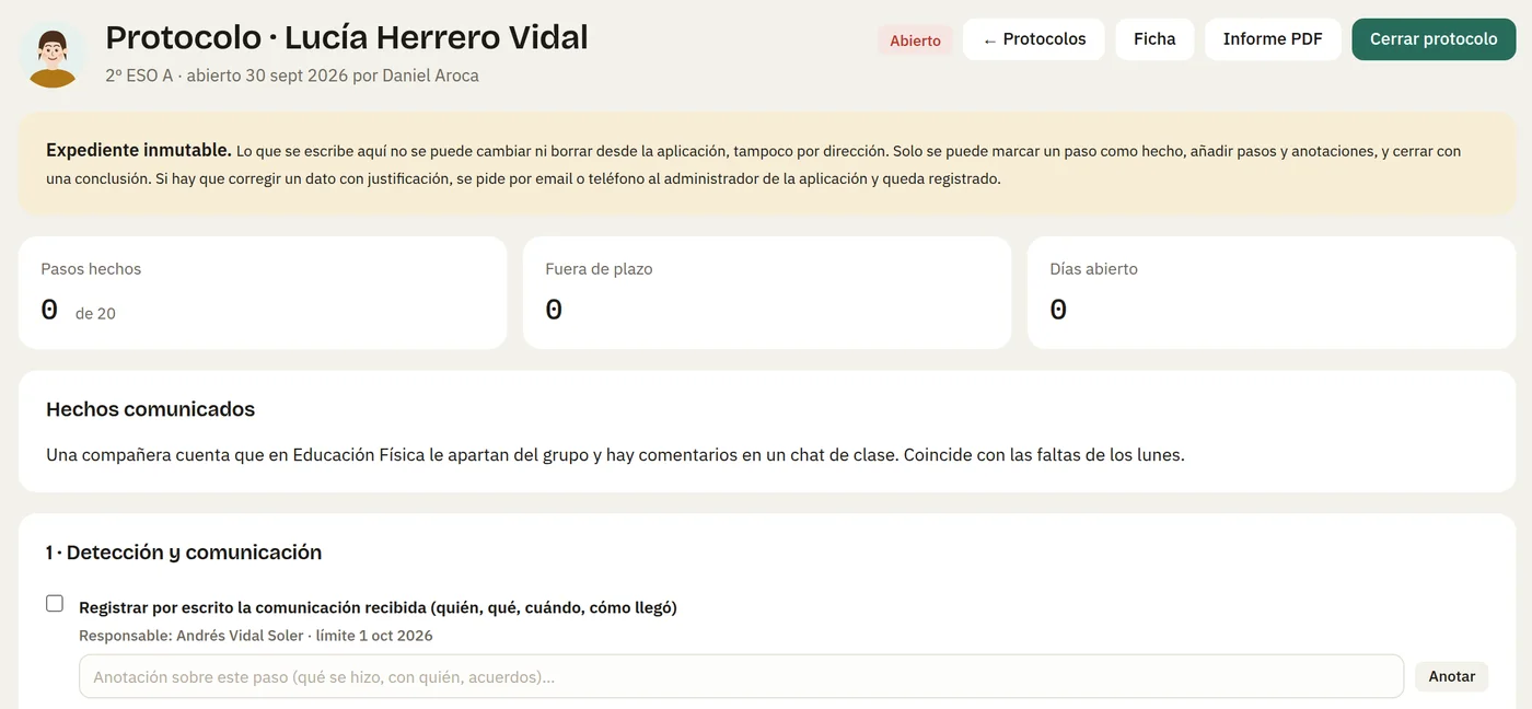 Protocolo de acoso abierto, con el aviso de expediente inmutable y los primeros pasos.